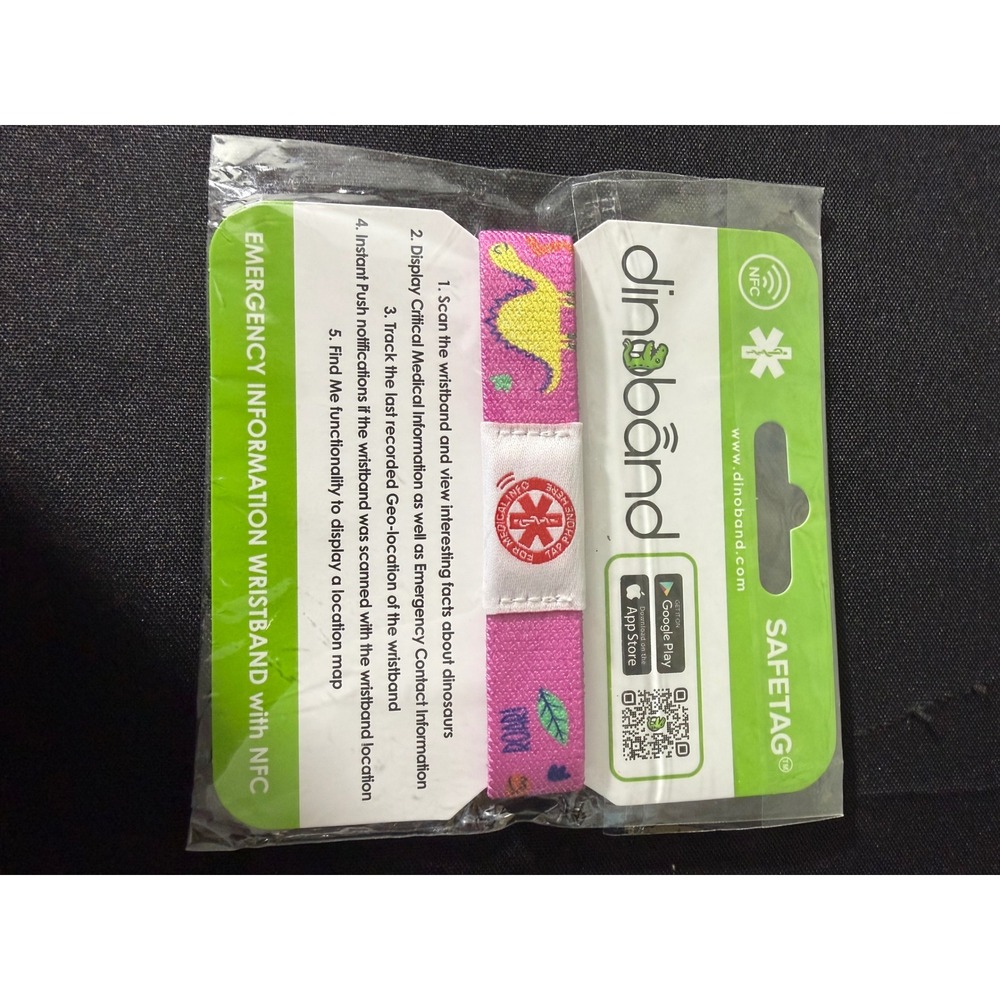 Dinoband Emergency ID Wristband NFC Pink Dinosaur Kids Safetag New Waterproof